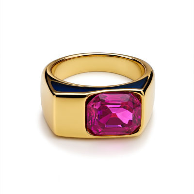 Anel dourado com pedra rosa e detalhe azul