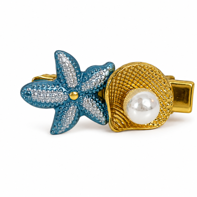 Presilha de cabelo dourada e azul com estrela-do-mar e pérola.