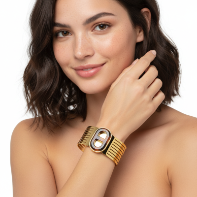 Pulseira dourada larga com detalhe prateado em forma oval usada no pulso de mulher