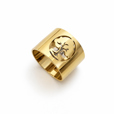 Anel dourado com recorte de árvore e número 1981