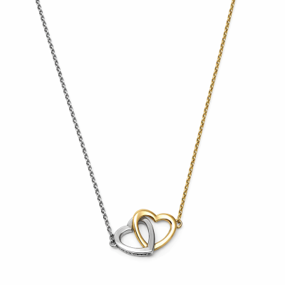 Colar com dois corações entrelaçados em prateado e dourado.