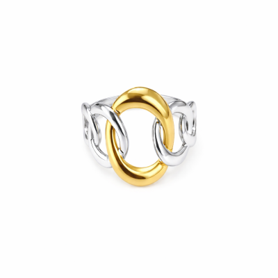 Anel com elos prateados e dourado central sobre fundo branco