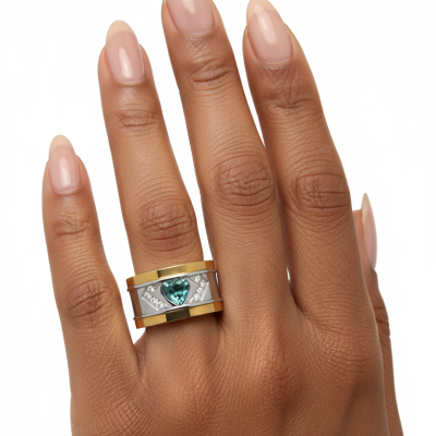 Anel largo com pedra azul em coração na mão.