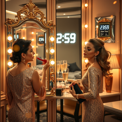 Dois vestidos dourados brilhosos com lantejoulas em ambiente elegante com espelhos e relógios digitais