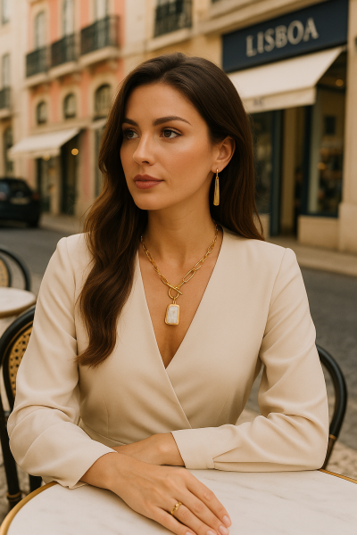 Colar dourado com pendente branco, brincos dourados e vestido bege numa esplanada em Lisboa
