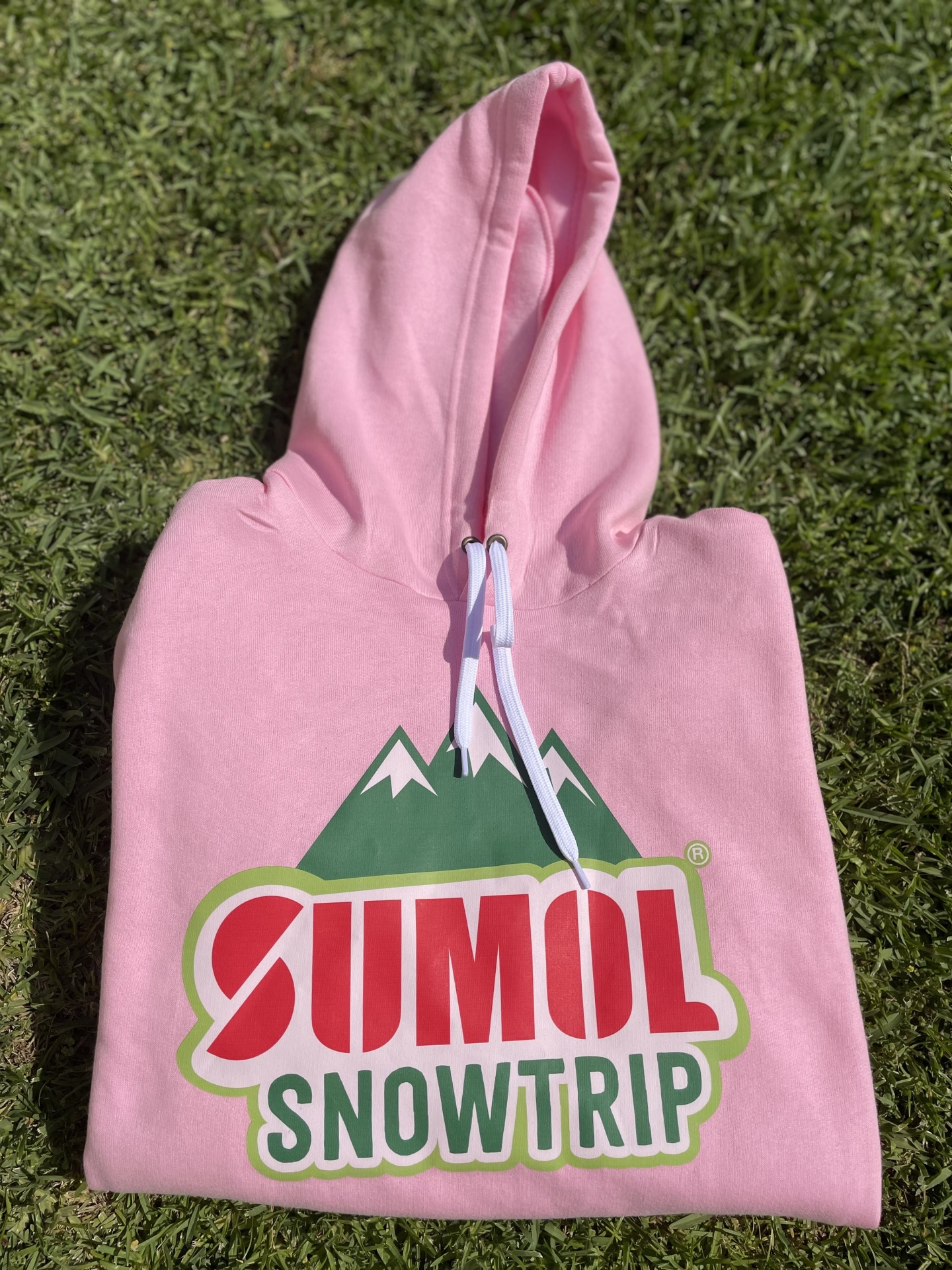 Camisola com capuz rosa com estampa SUMOL SNOWTRIP e montanhas, sobre relva
