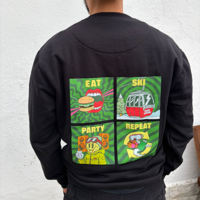 Sweatshirt preta com estampado colorido e texto relacionado a comer, esquiar, festa e repetir.