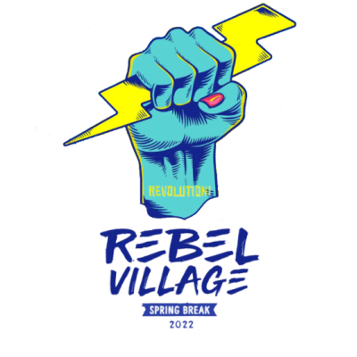 Logótipo de punho azul segurando raio amarelo com texto REBEL VILLAGE SPRING BREAK 2022