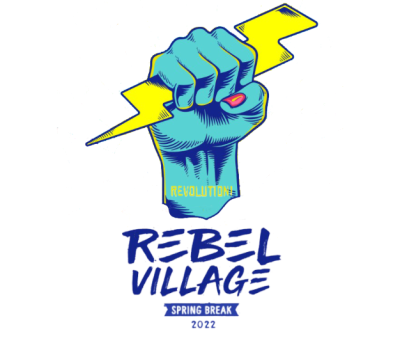 Logótipo de punho azul segurando raio amarelo com texto REBEL VILLAGE SPRING BREAK 2022