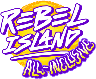 Logótipo com texto 'REBEL ISLAND ALL-INCLUSIVE' em amarelo, branco e roxo