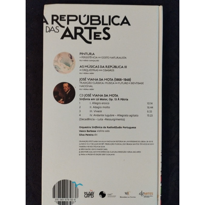 Caixa branca com texto em português sobre pintura, música e artistas, com layout em preto e branco.