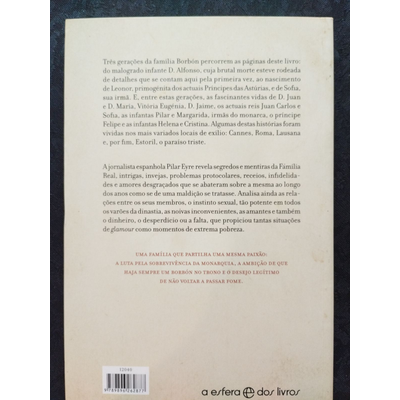 Capa traseira de livro com texto em português sobre a família Borbón e jornalista Pilar Eyre