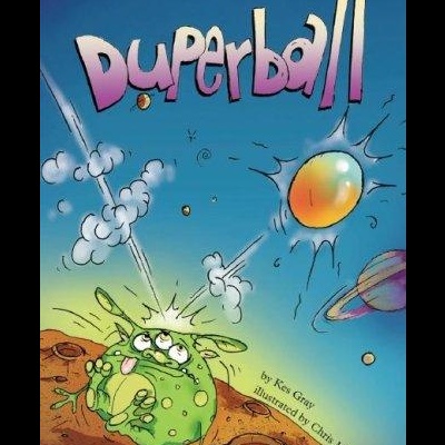 Capa de livro infantil Duperball com criatura verde e bola laranja no espaço