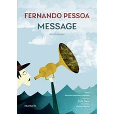 Capa de livro com figura humana tocando trombeta dourada e texto Fernando Pessoa Message