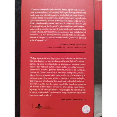 Parte de trás do livro com texto em português sobre Romeu Correia, fundo vermelho e selo de preço.