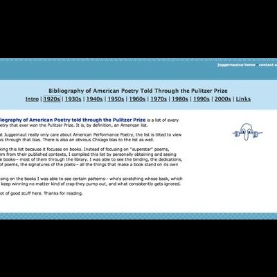 Página web azul com texto sobre bibliografia de poesia americana e links de décadas