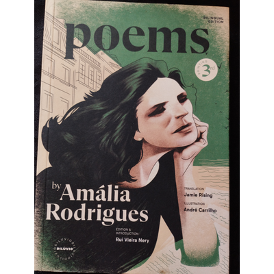 Capa de livro com título poems by Amália Rodrigues e ilustração de mulher com cabelo preto
