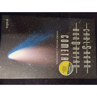 Capa de livro com temática de cometa e estrelas, texto branco e selo amarelo.