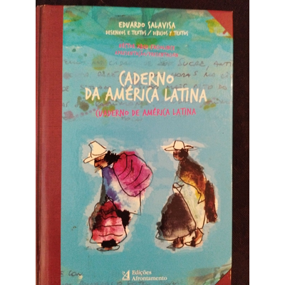 Capa de livro azul e vermelho Caderno da América Latina com ilustração de duas pessoas com roupas tradicionais.