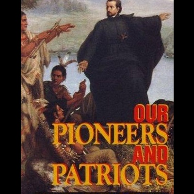 Capa de livro OUR PIONEERS AND PATRIOTS com ilustração histórica.