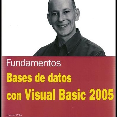 Capa de livro sobre Bases de dados com Visual Basic 2005, fundo vermelho, texto amarelo, imagem de homem sorridente.