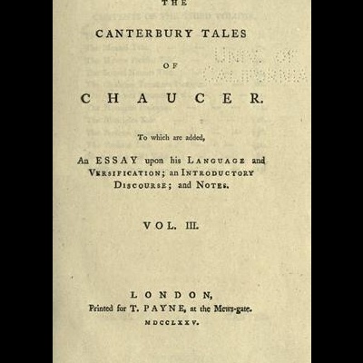 Página de livro antigo com texto impresso a preto sobre The Canterbury Tales of Chaucer, volume III, Londres 1775
