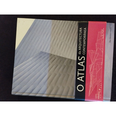 Livro com título O Atlas da Arquitectura Contemporânea, capa cinza com faixa preta e vermelha e desenho técnico
