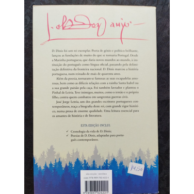 Contracapa de livro com texto em português, assinatura vermelha, fundo branco e azul com árvores, etiqueta de preço 14,5€.