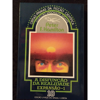 Capa de livro de ficção científica com texto e imagem de rosto e pôr do sol