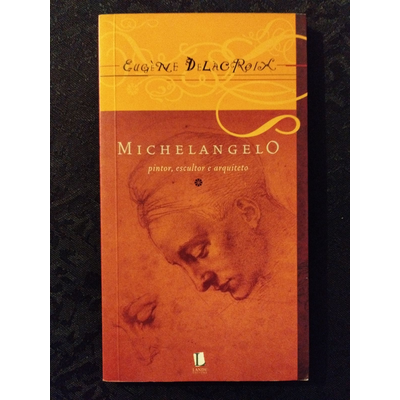 Capa de livro Michelangelo pintor, escultor e arquiteto com desenho do perfil da cabeça de Michelangelo