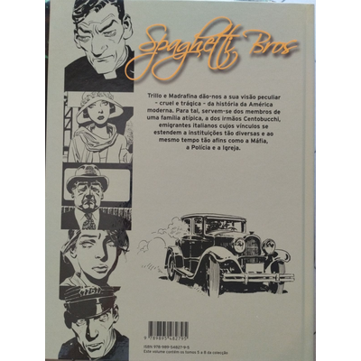 Contra-capa do livro Spaghetti Bros com ilustrações de personagens e carro antigo