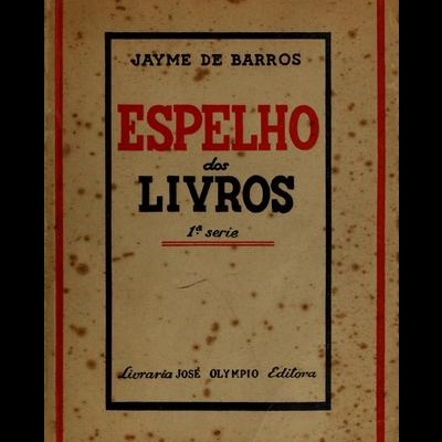 Capa de livro antigo Espelho dos Livros com texto em vermelho e preto, fundo bege manchado