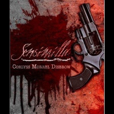 Capa de livro com pistola preta e manchas vermelhas de sangue
