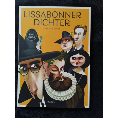 Livro Lissabonner Dichter com capa amarela e ilustração de personagens caricaturadas.