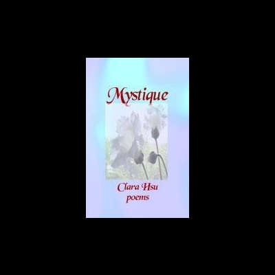 Capa de livro Mystique com imagem de flores brancas e texto em vermelho