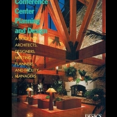 Capa de livro sobre planeamento e design de centros de conferências com imagem de sala interior com vigas de madeira e lareira