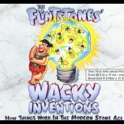 Capa do livro The Flintstones Wacky Inventions com ilustração dos personagens e lâmpadas