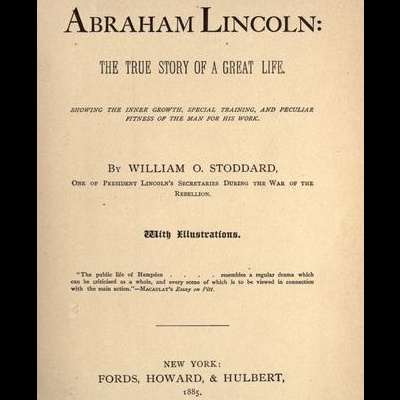Página de título de livro antigo sobre Abraham Lincoln com texto preto em fundo amarelo envelhecido
