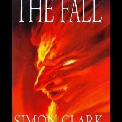 Capa de livro THE FALL com ilustração de fogo formando rosto e texto do autor Simon Clark