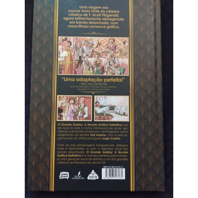 Contra-capa de livro com texto descritivo e ilustrações da novela gráfica O Grande Gatsby