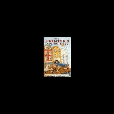 Capa de livro The Printers Apprentice com jovem a correr na cidade antiga