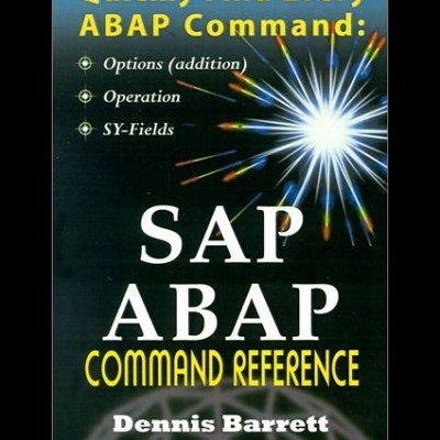 Capa de livro SAP ABAP Command Reference com texto explicativo amarelo e branco e feixe de luz colorido no fundo escuro