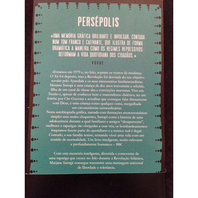 Contracapa de livro verde com texto branco sobre Persépolis e citações