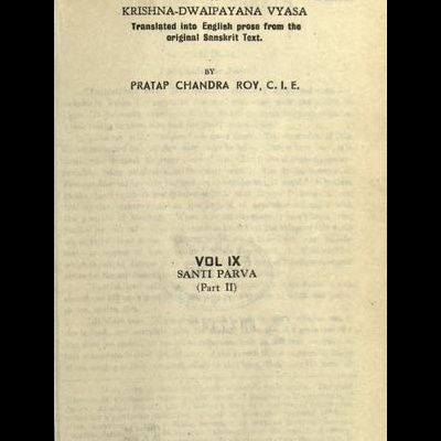 Página de título do livro The Mahabharata, volume IX, texto preto em papel amarelo envelhecido.