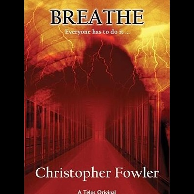Capa de livro BREATHE de Christopher Fowler com fundo vermelho e amarelo e um corredor longo