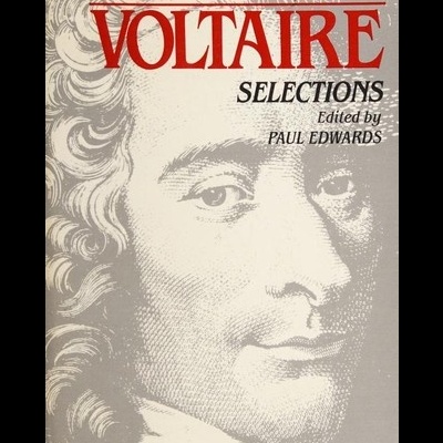 Capa do livro Voltaire com ilustração do rosto e texto em preto e vermelho