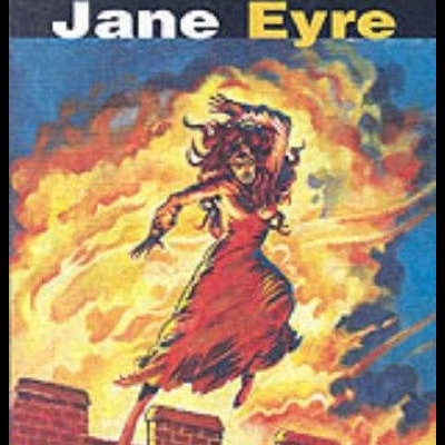 Capa do livro Jane Eyre com ilustração de mulher em chamas sobre muro de tijolos