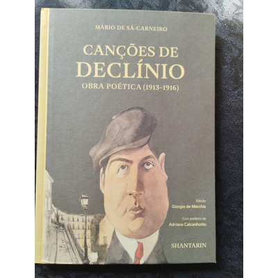 Capa de livro Canções de Declínio de Mário de Sá-Carneiro com ilustração caricatural masculina.
