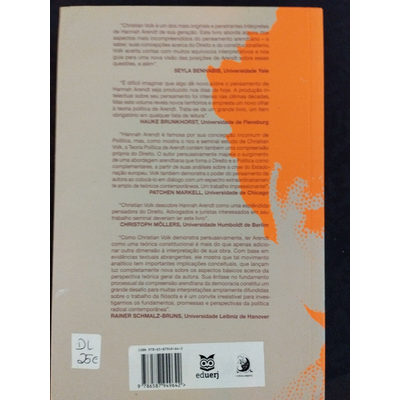 Capa traseira de livro com texto em português e alemão e elementos gráficos laranja e cinza