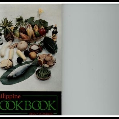 Capa do livro Philippine COOKBOOK com legumes, frutas e peixe